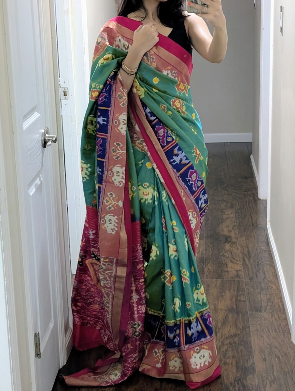 Women’s Traditional Patola Green Blue & Pink Saree